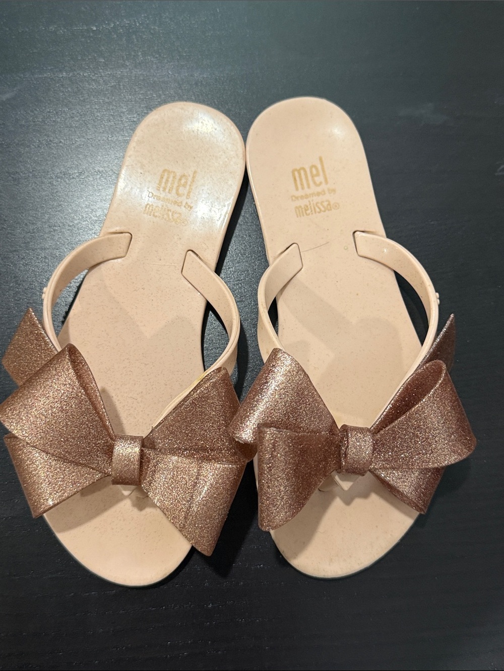 Mel by Melissa Metallic Rose Gold Bow Slide Sandals kids sz 13